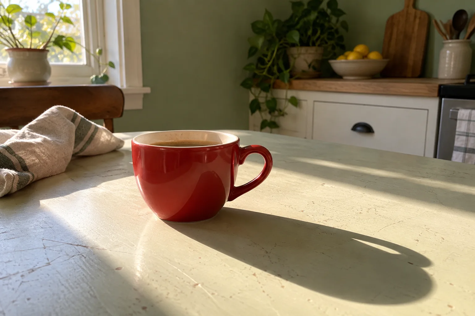 Sunlight falls across a red coffee cup on a table